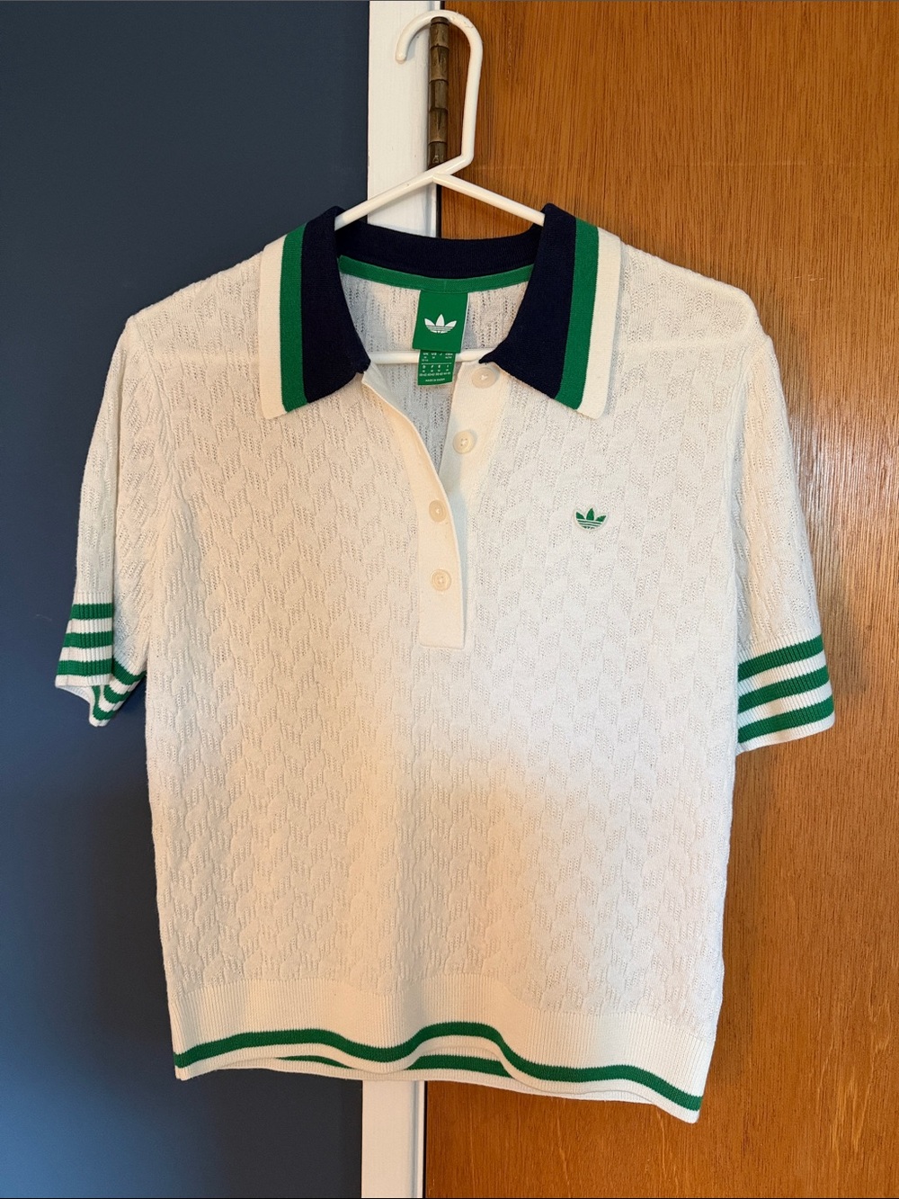 adidas White Polo with Green and Navy Trim
